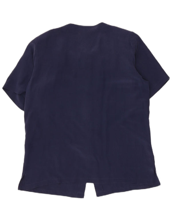 Blusa feminina vintage manga curta IT 48 XL azul marinho seda