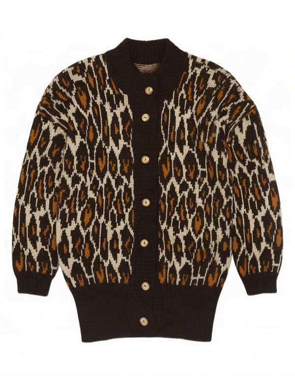 Suéter cardigã feminino vintage com palangre Reino Unido 18 XL marrom estampa animal retrô