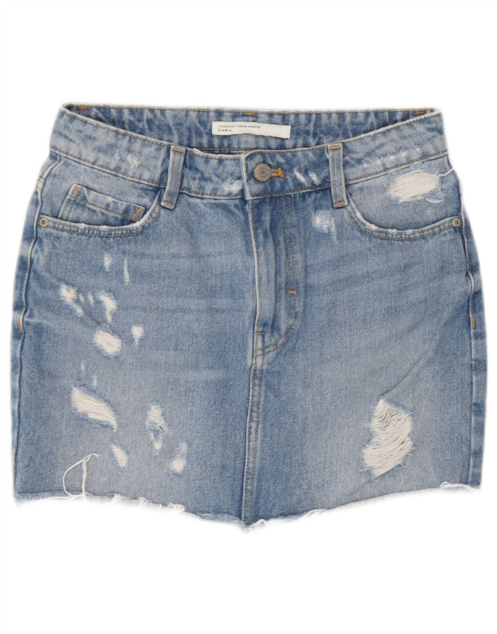 Mini saia jeans desgastada Zara feminina XS W24 azul