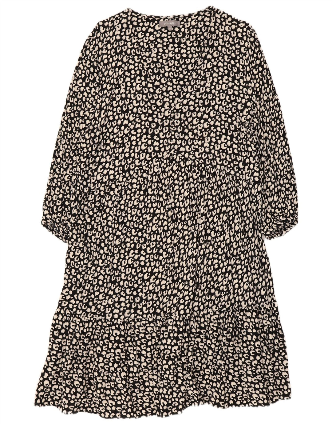 PRINCIPLES Vestido feminino manga 3/4 em camadas UK 16 grande preto estampa animal