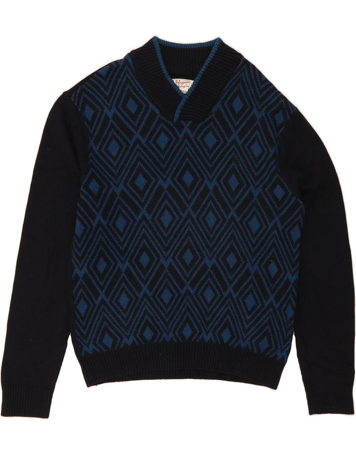 PENGUIN Mens V-Neck Jumper Sweater XL Black Geometric Cotton Vintage Penguin and Second-Hand Penguin from Messina Hembry 