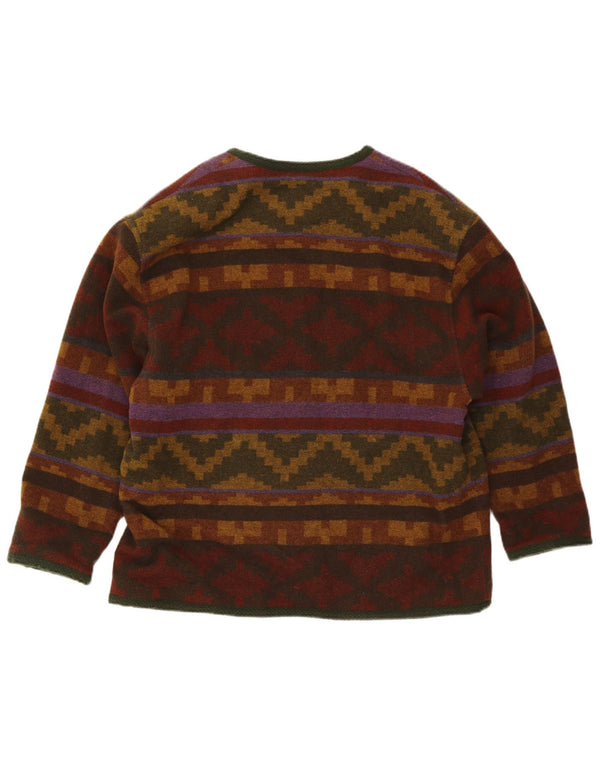 Suéter Cardigan Feminino Vintage Reino Unido 18 XL Lã Geométrica Multicolorida