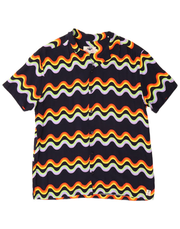 Camisa masculina vintage de manga curta grande azul marinho viscose Chevron