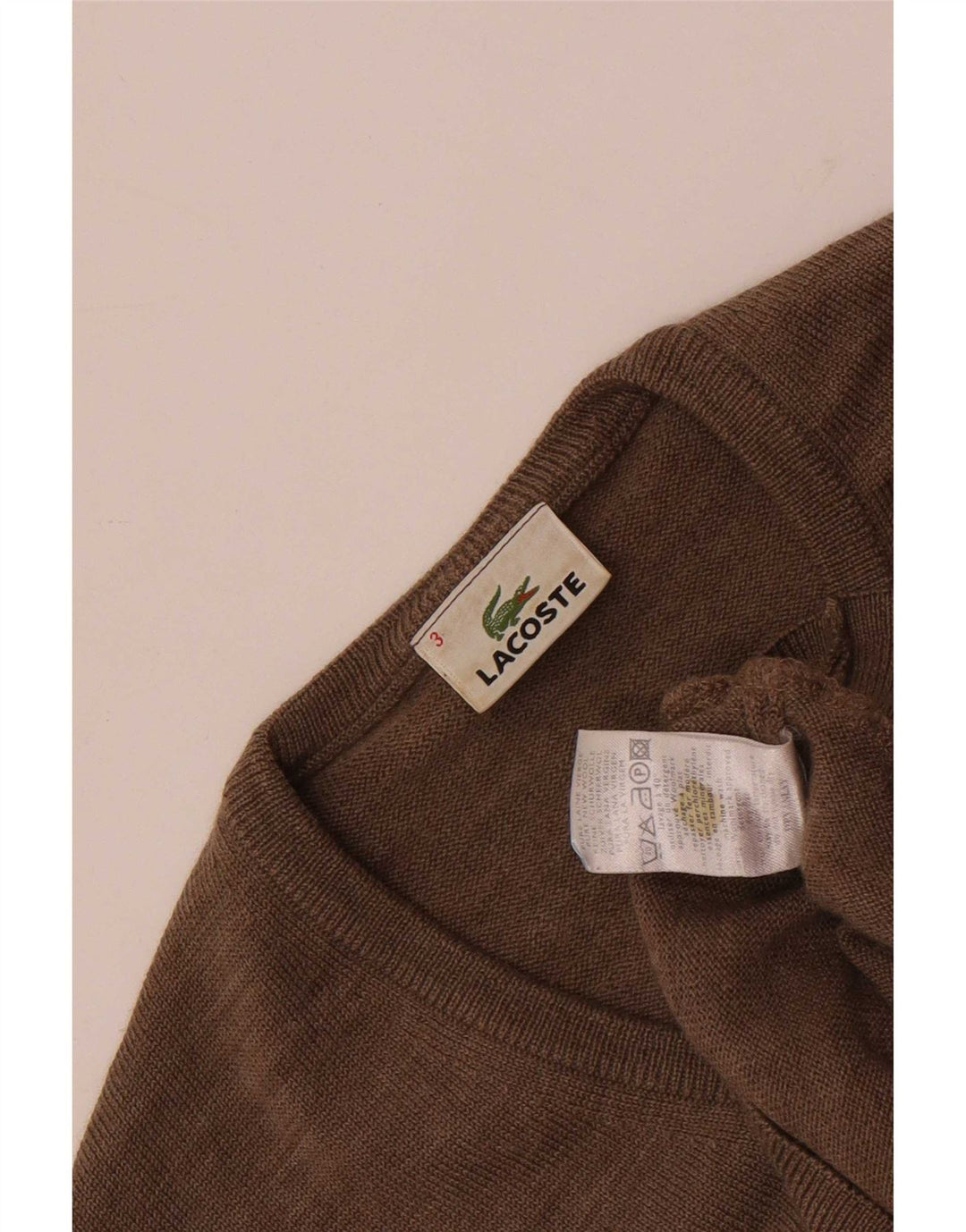 Suéter masculino Lacoste com decote em V tamanho 3 pequeno marrom lã nova