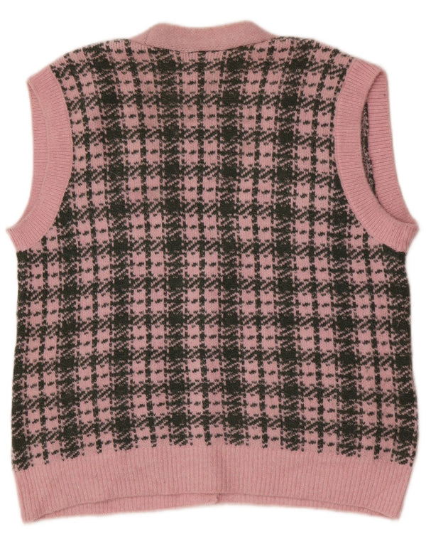 Zara Suéter cardigã feminino sem mangas oversized UK 10 pequeno xadrez rosa