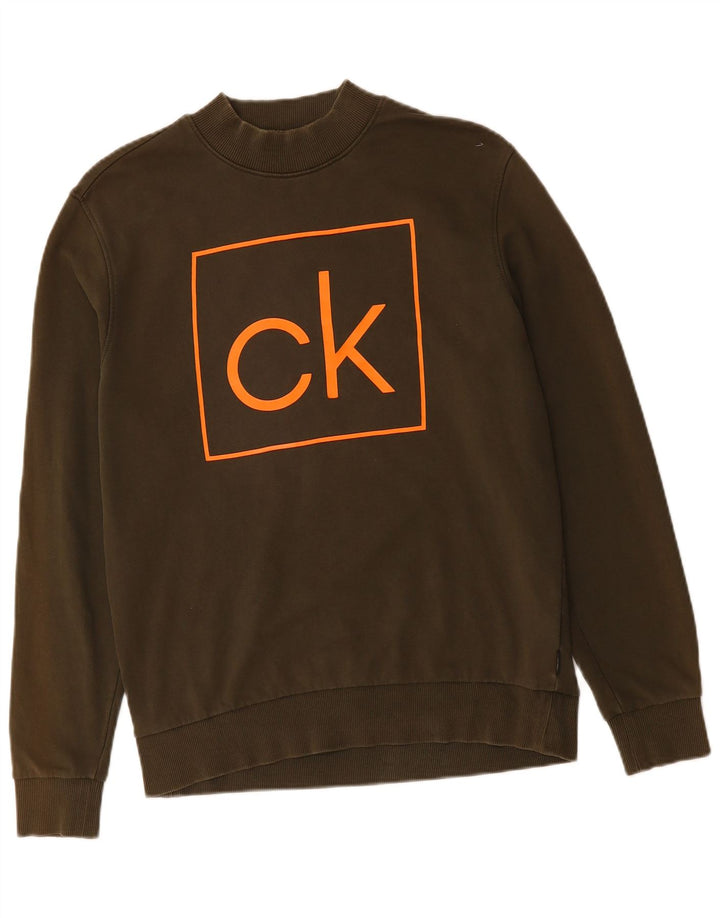 CALVIN KLEIN Suéter gráfico masculino de algodão cáqui médio