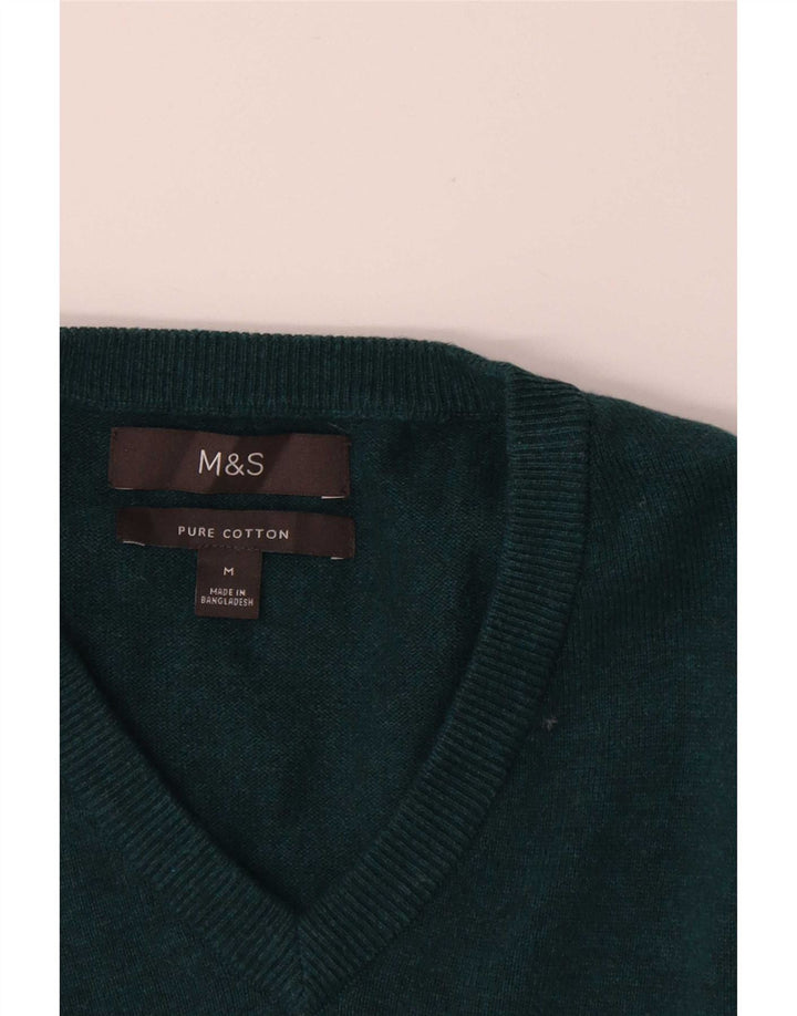 Suéter masculino Marks & Spencer com decote em V, algodão verde médio