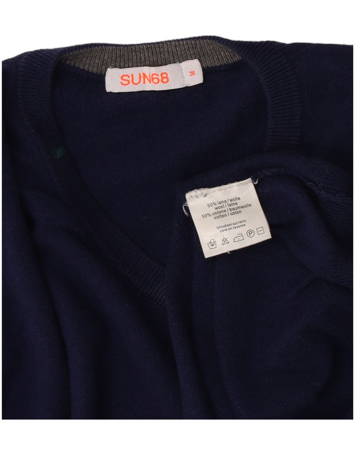 Suéter masculino SUN68 com decote em V de lã azul médio