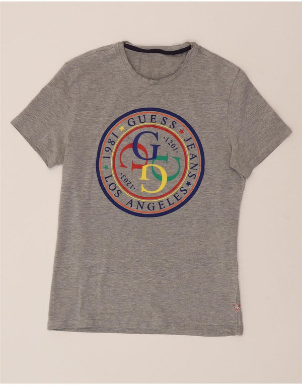 Camiseta masculina GUESS Super Slim Fit com estampa gráfica pequena de algodão cinza manchado