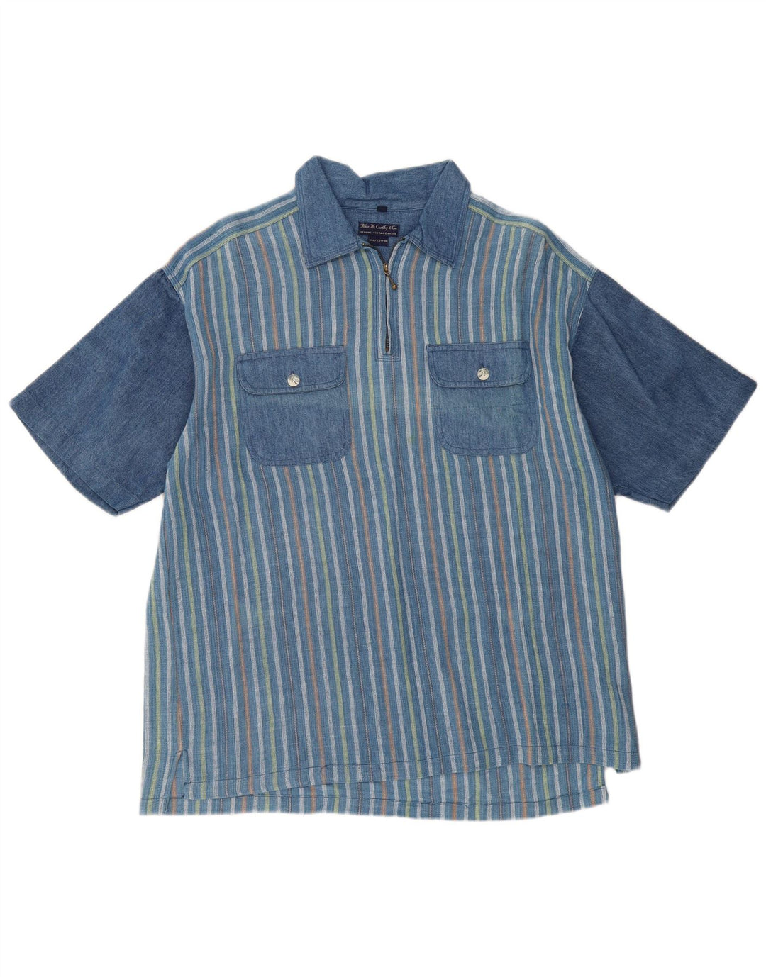 Camisa pulôver masculina VINTAGE de manga curta com ajuste solto listrado azul médio