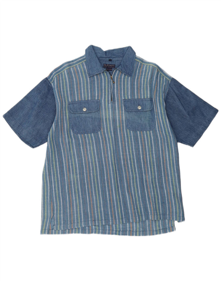 Camisa pulôver masculina VINTAGE de manga curta com ajuste solto listrado azul médio