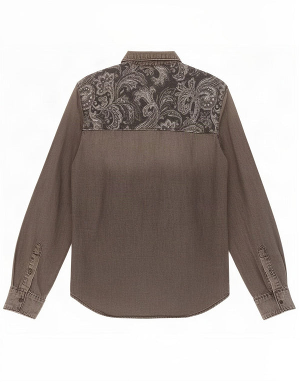 Camisa jeans masculina Zara Slim Fit cinza médio algodão paisley
