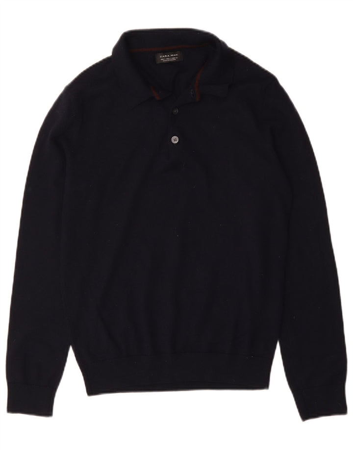 Zara Suéter masculino com gola polo pequeno azul marinho