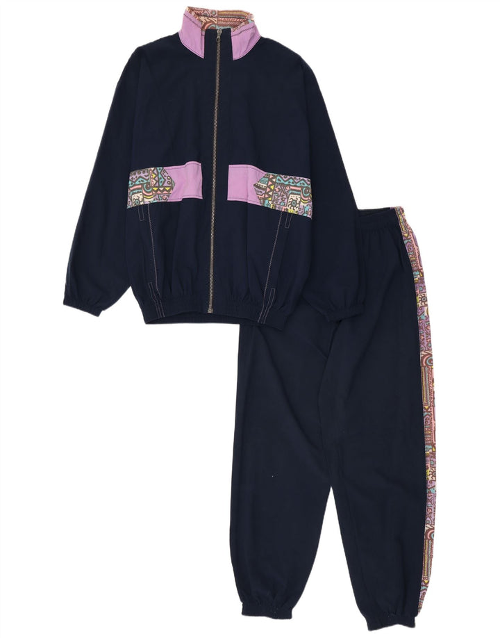 Fato de treino feminino vintage UK 10 pequeno azul marinho poliamida geométrica