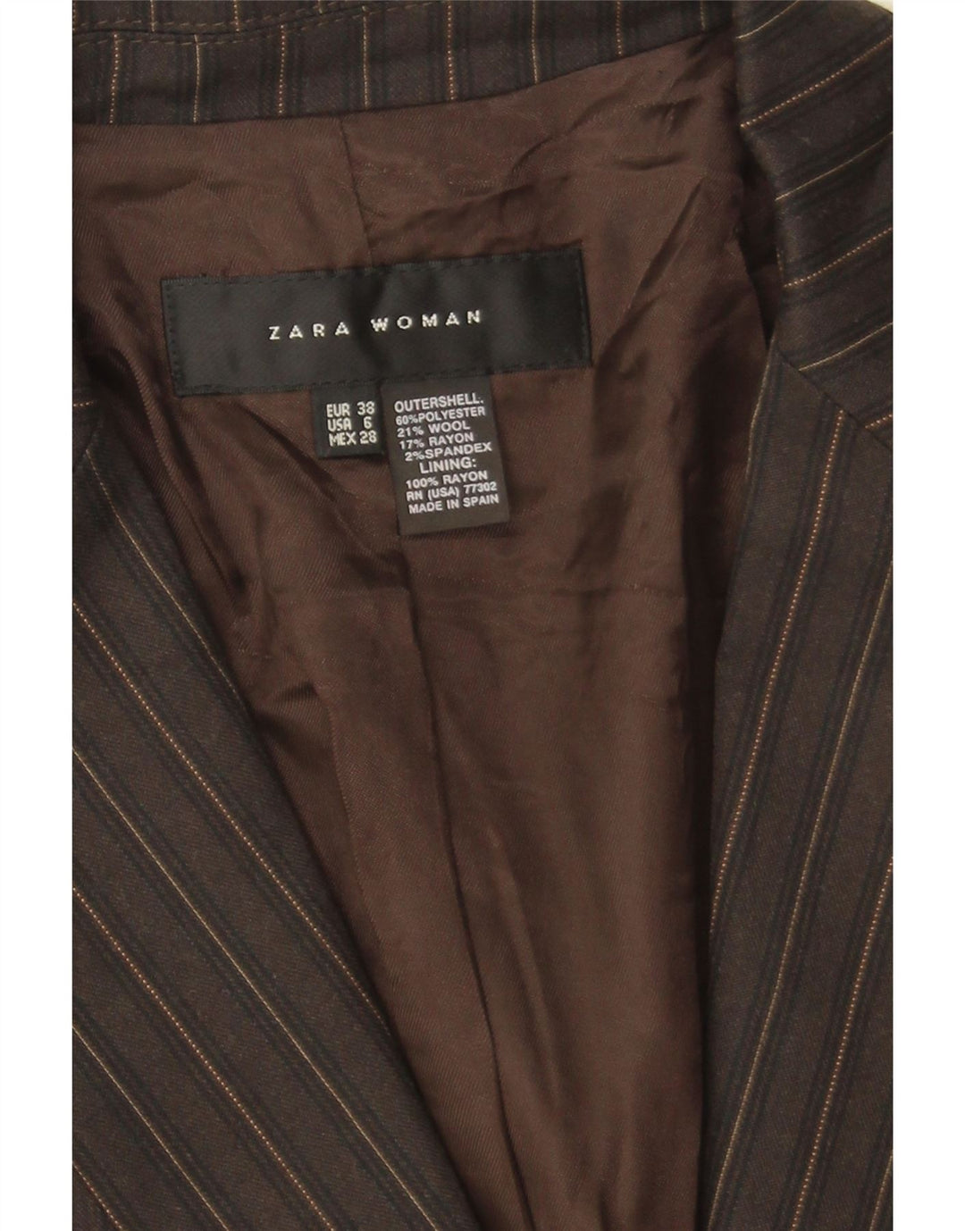 Jaqueta blazer feminina Zara com 1 botão EU 38 poliéster listrado marrom pequeno