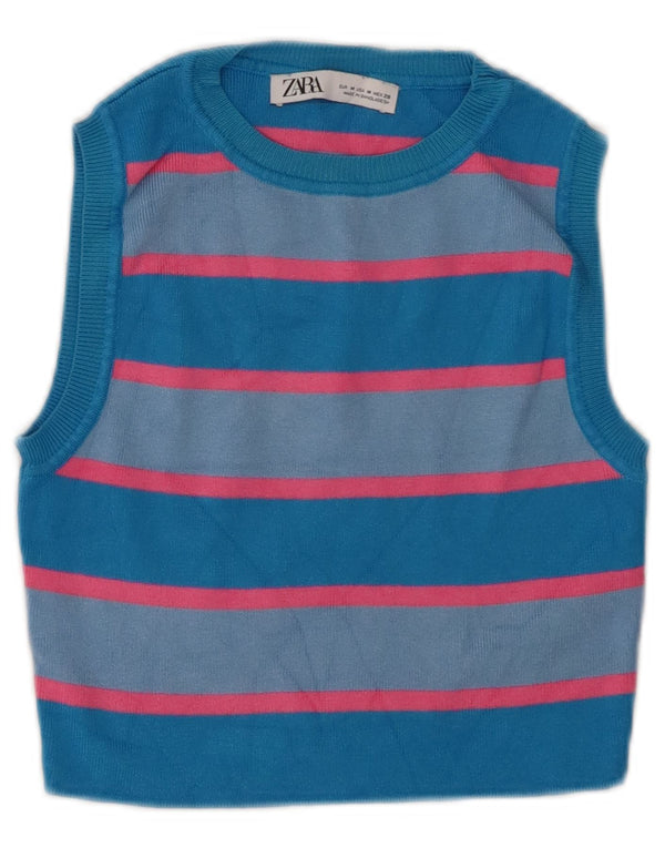 Top colete feminino Zara UK 12 viscose listrada azul médio
