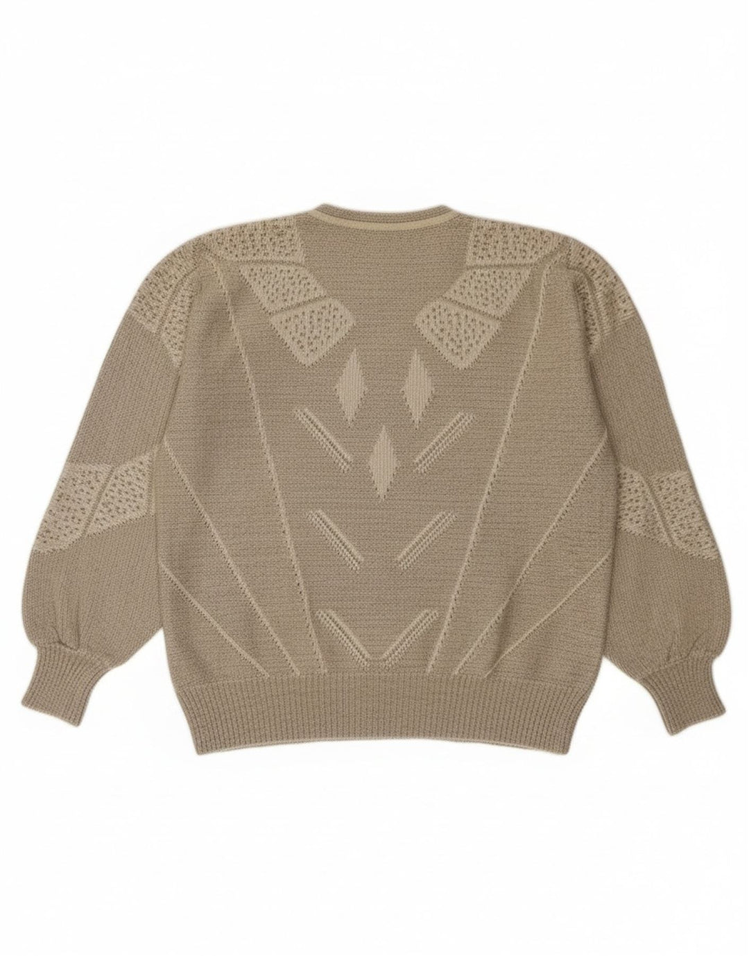 Suéter feminino vintage com gola redonda e botão UK 14 grande cinza geométrico