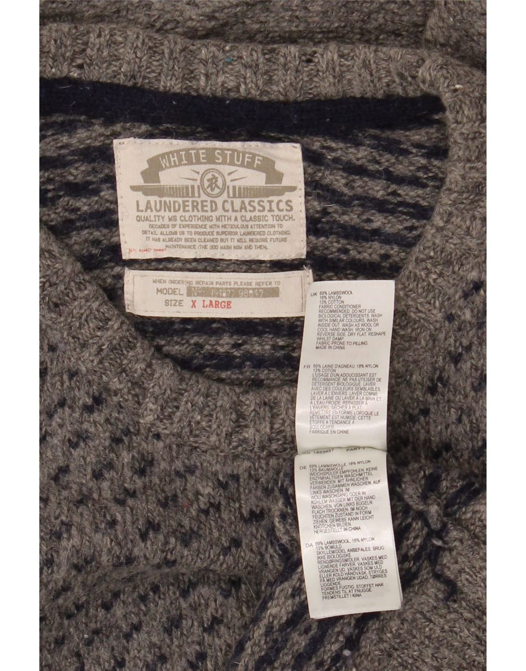 Suéter masculino com gola redonda White Stuff XL lã de cordeiro manchada cinza