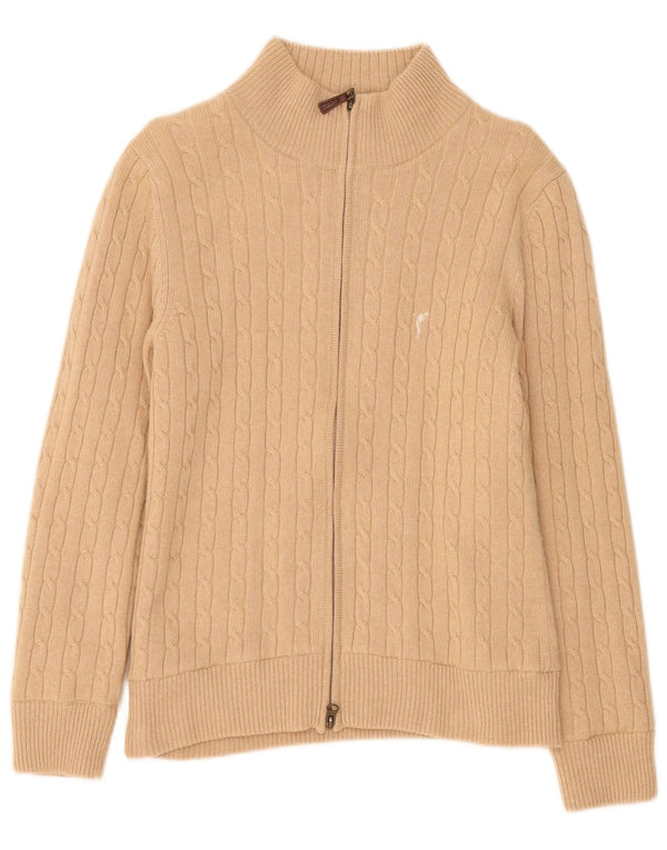 Suéter cardigã feminino Golfino com zíper completo Reino Unido 12 lã merino bege médio