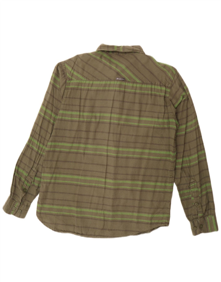 Camisa masculina de flanela Columbia pequena listrada cáqui de algodão