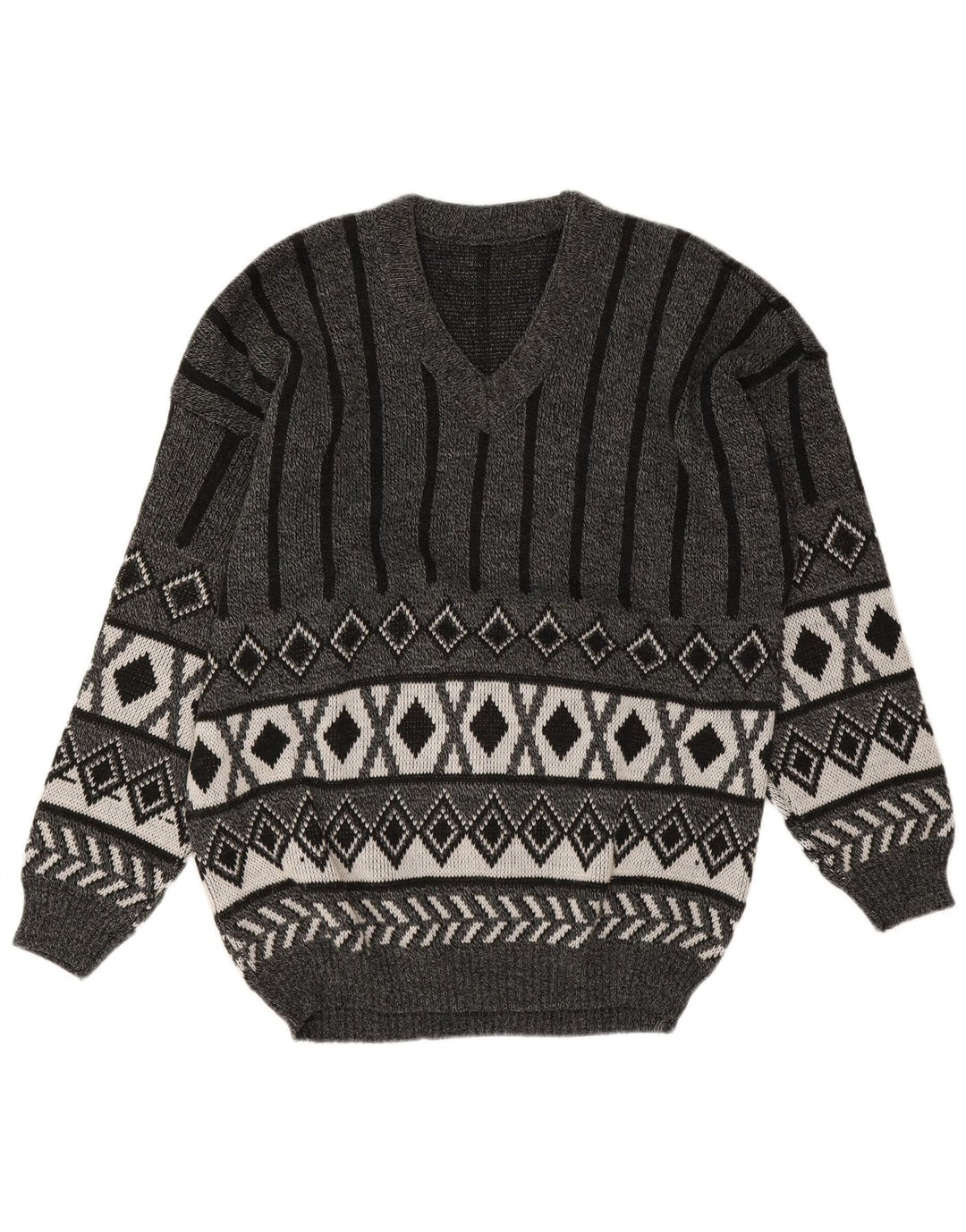 Suéter vintage masculino com decote em V cinza médio Argyle/Diamante