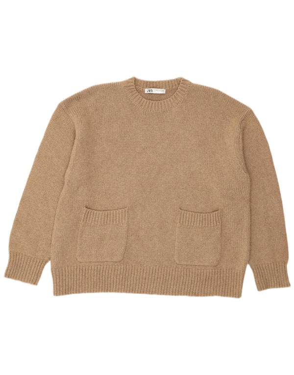 Suéter feminino Zara com ajuste solto e gola redonda Reino Unido 18 XL bege poliéster