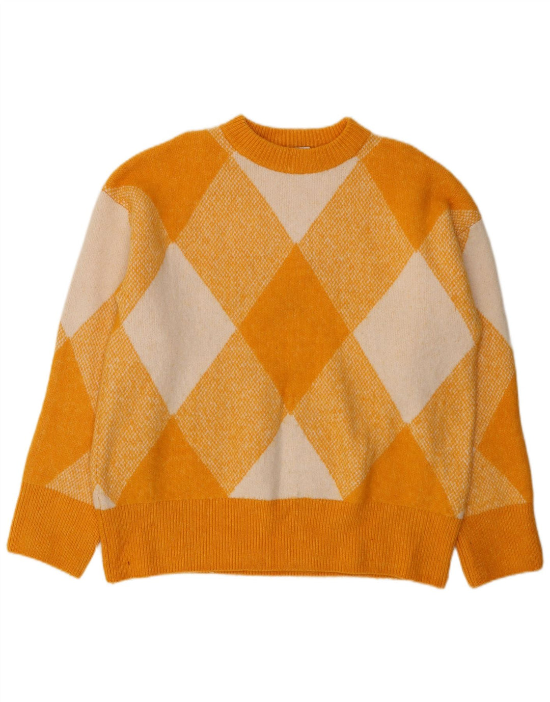 Suéter feminino Zara com gola redonda UK 14 Médio Amarelo Argyle/Diamante