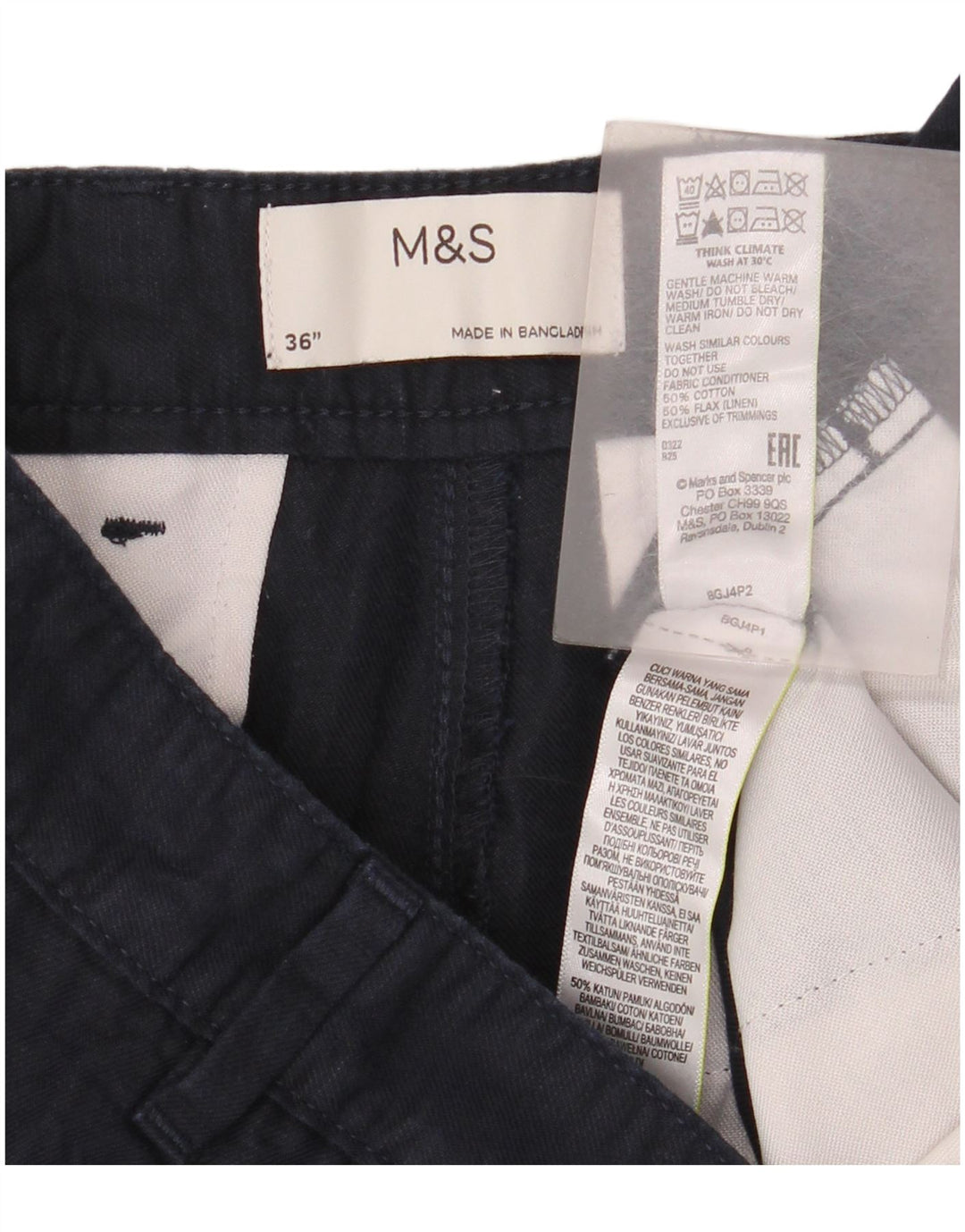 Shorts chino masculino Marks & Spencer W36 grande linho azul marinho