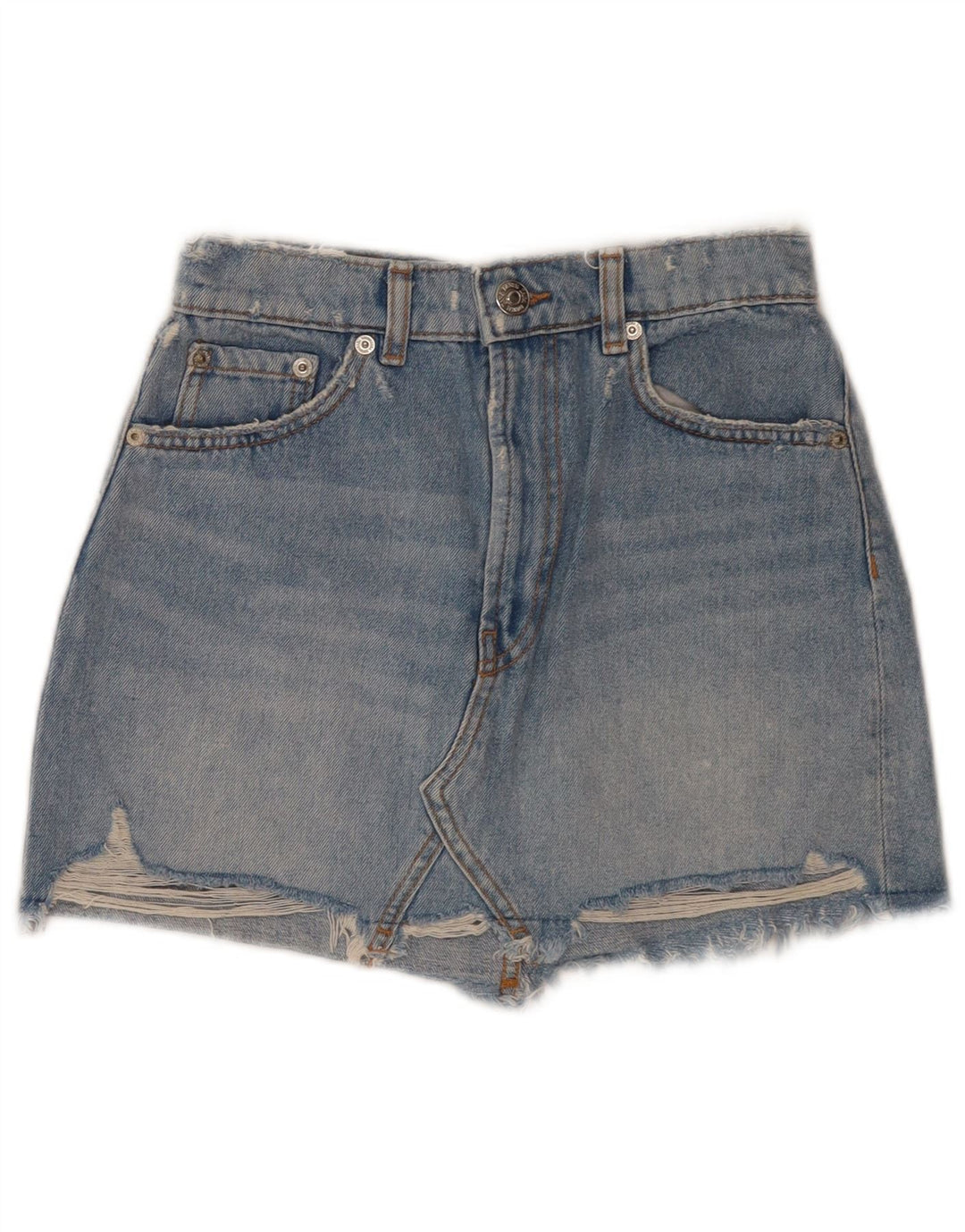 Zara Shorts jeans feminino desgastado pequeno W26 azul