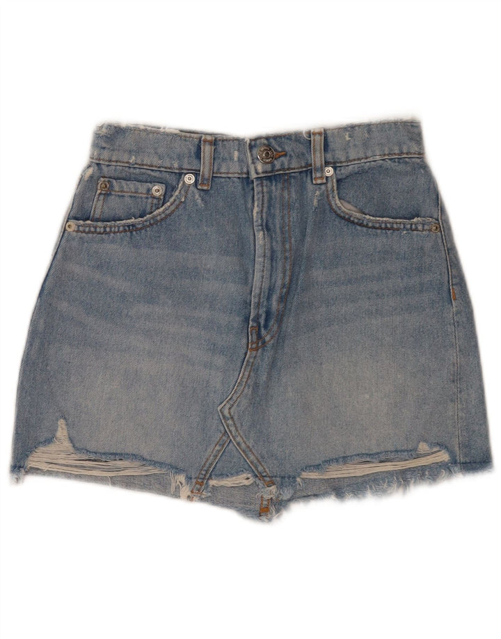 Zara Shorts jeans feminino desgastado pequeno W26 azul