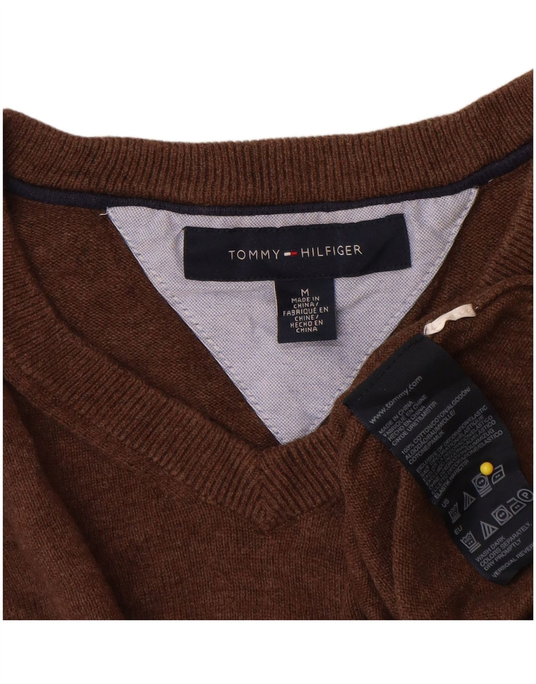Tommy Hilfiger Suéter masculino com decote em V de algodão marrom médio