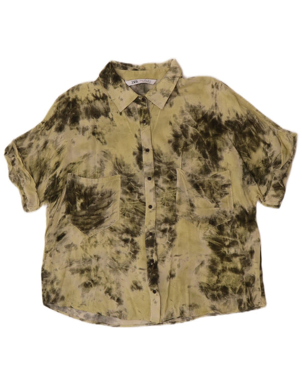 Blusa feminina de manga curta Zara Reino Unido 14 médio caqui tie-dye viscose
