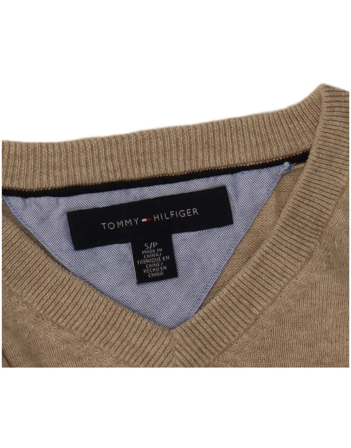 Suéter masculino Tommy Hilfiger com decote em V pequeno bege manchado