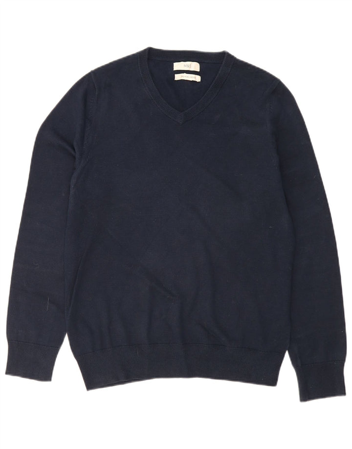 Suéter masculino MARKS & SPENCER com decote em V, médio, azul marinho, algodão