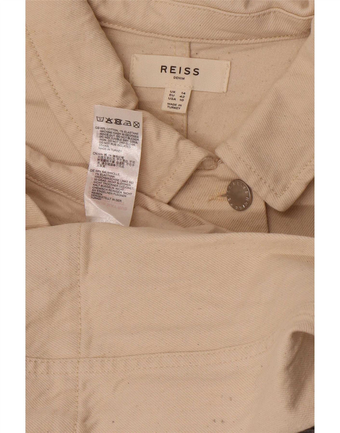 Jaqueta utilitária jeans feminina Reiss Reino Unido 14 algodão branco médio