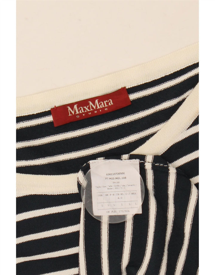Top feminino Max Mara de manga comprida UK 16 grande listrado azul marinho