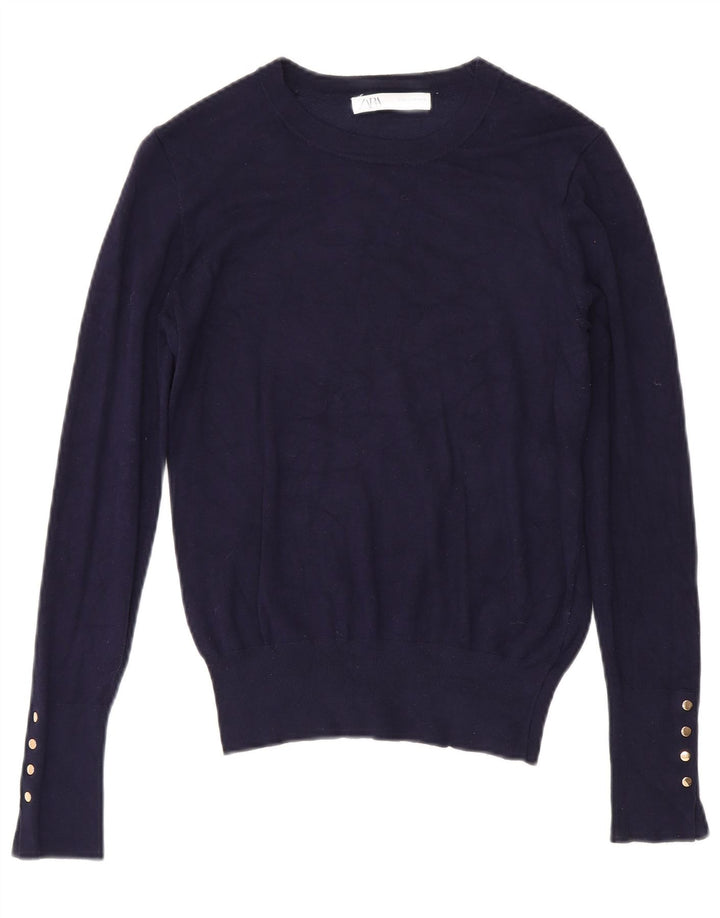 Zara Suéter feminino com gola canoa e gola alta Reino Unido 12 médio azul marinho