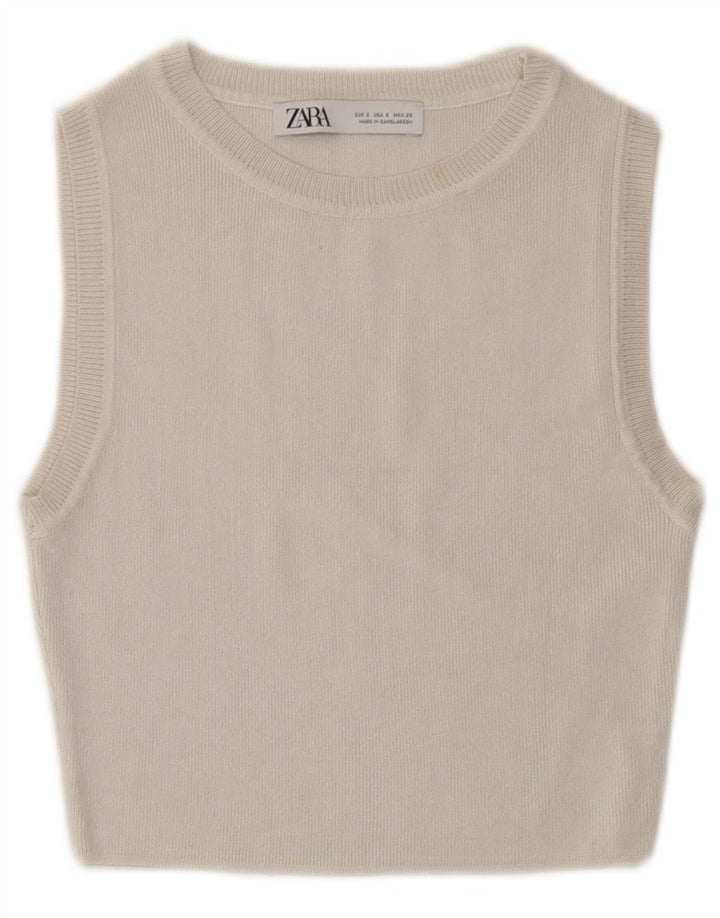 Zara Pulôver Feminino Crop Top UK 8 Pequeno Off White Viscose
