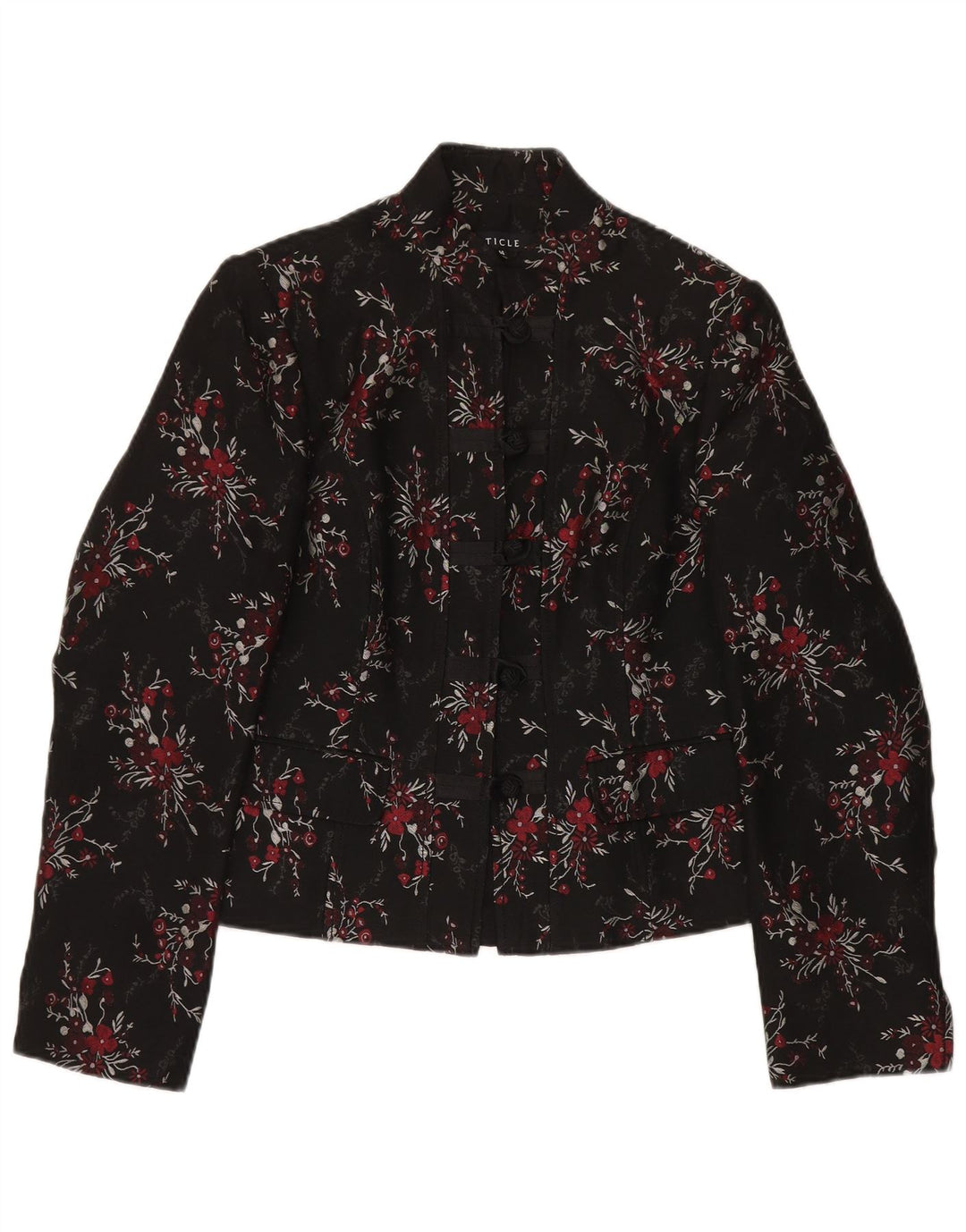 Jaqueta blazer vintage feminina com 5 botões Reino Unido 14 grande acetato floral preto