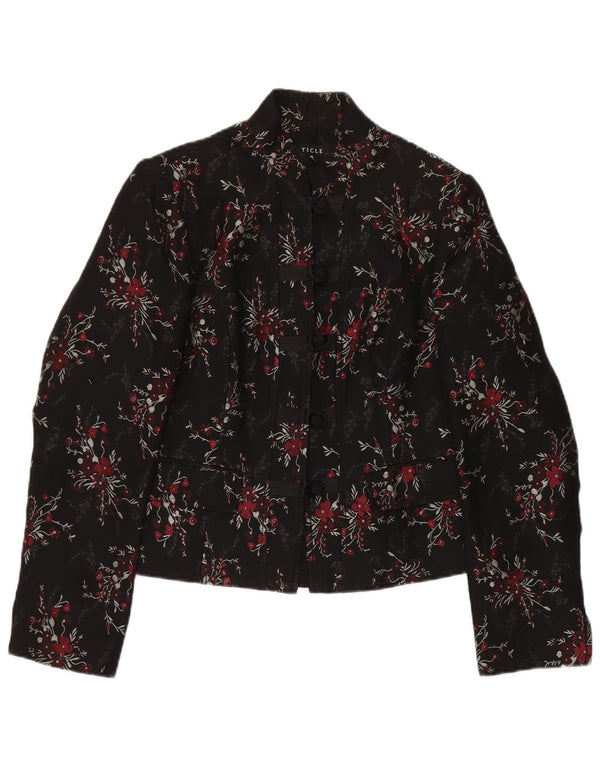 Jaqueta blazer vintage feminina com 5 botões Reino Unido 14 grande acetato floral preto