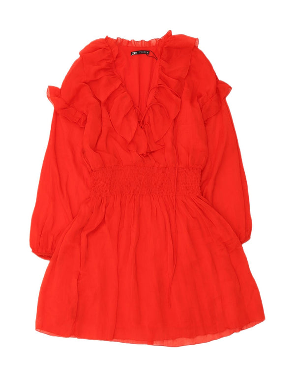 Zara Womens Long Sleeve Ruffle Front A-Line Dress UK 18 XL Red Polyester