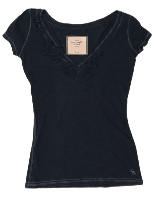 Camiseta feminina Abercrombie & Fitch UK 10 pequena azul marinho floral