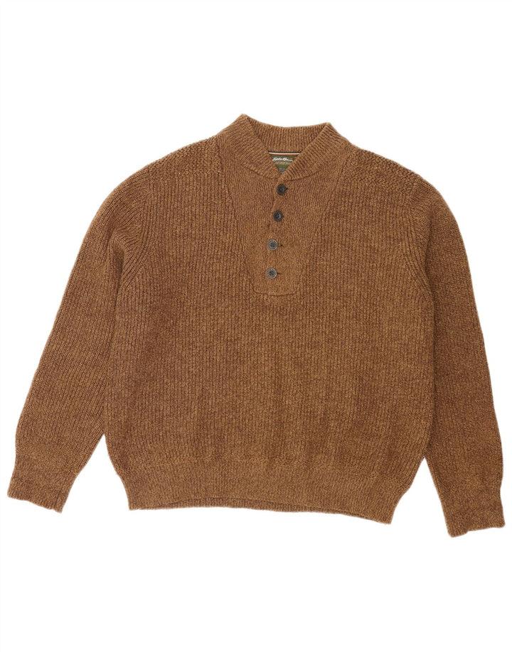Suéter masculino Eddie Bauer com gola e botão, marrom médio manchado