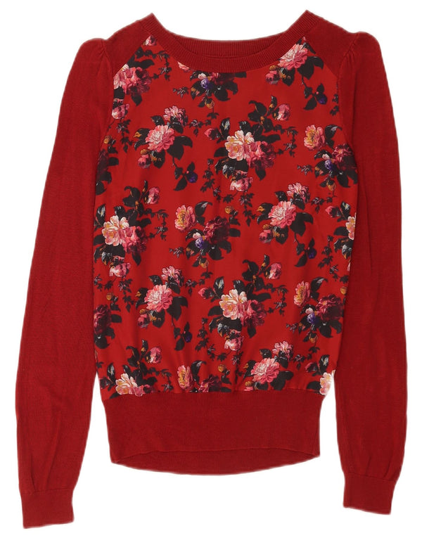 Suéter feminino Oasis com gola canoa UK 6 XS Borgonha floral viscose