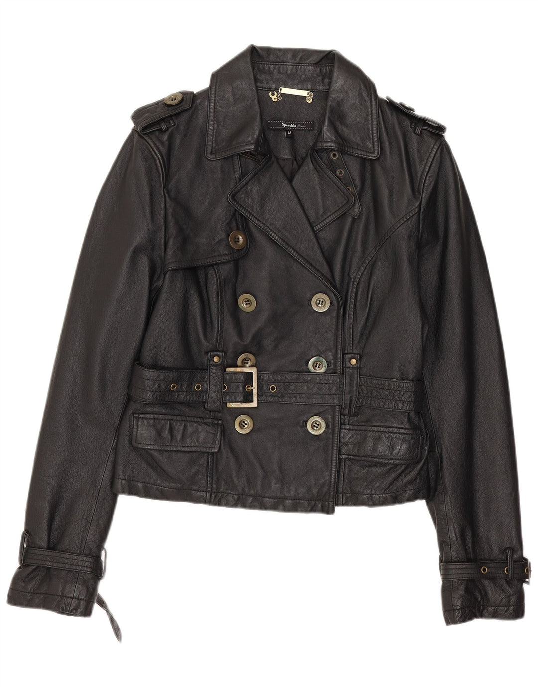 Jaqueta feminina de couro militar SPECCHIO UK 12 couro preto médio
