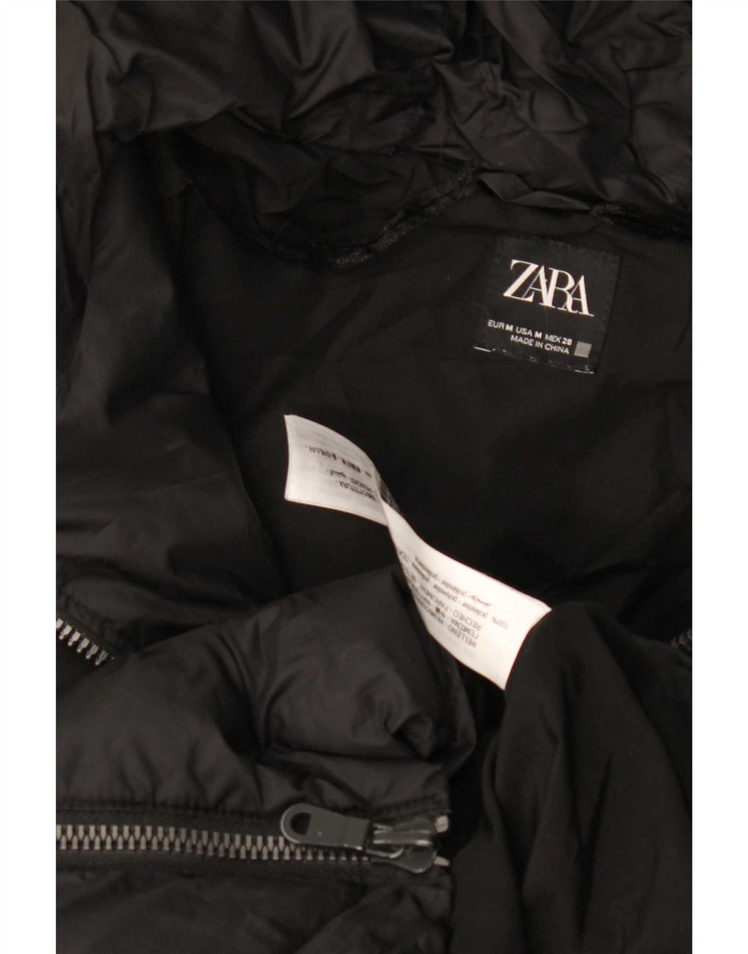Casaco acolchoado com capuz feminino Zara UK 14 poliéster preto médio