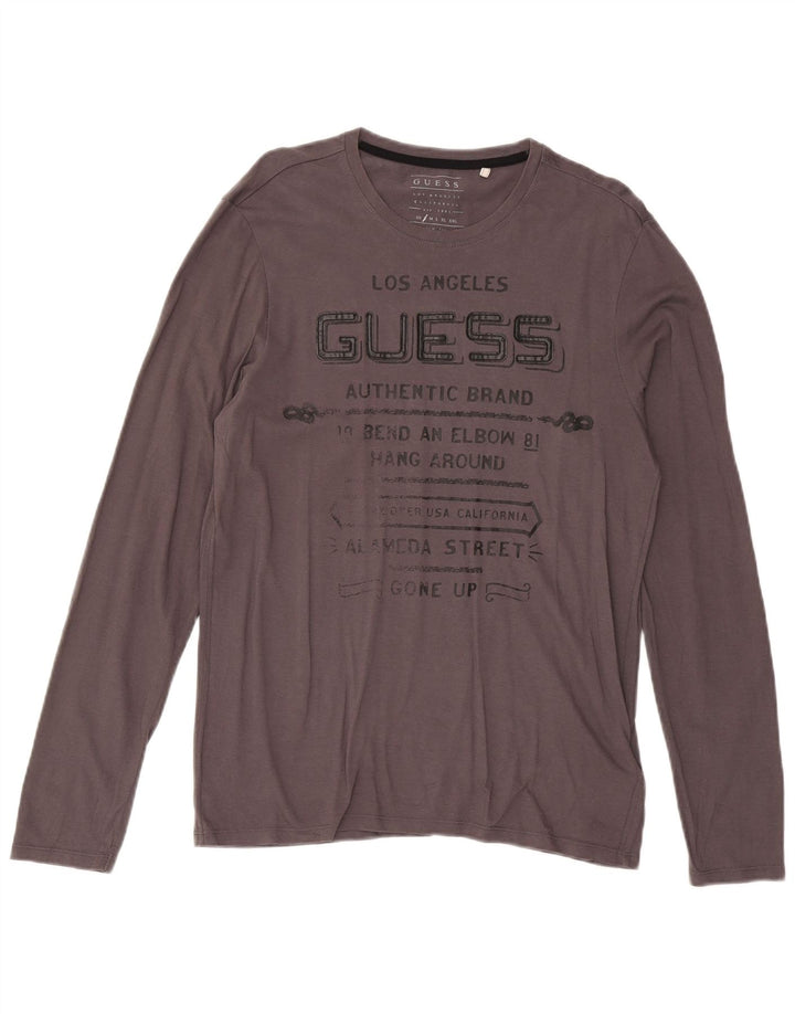 Guess Camiseta masculina gráfica manga comprida pequena algodão cinza