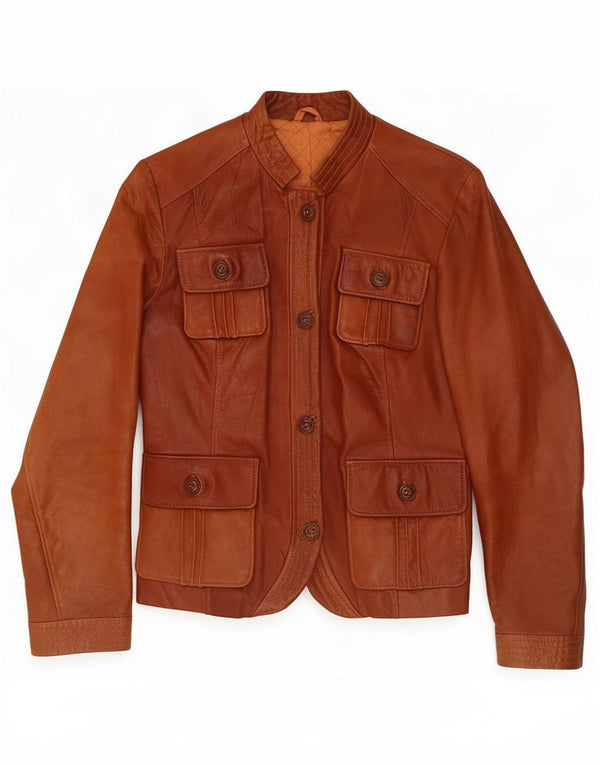 Jaqueta utilitária de couro vintage feminina UK 8 pequena marrom