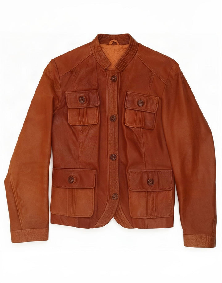 Jaqueta utilitária de couro vintage feminina UK 8 pequena marrom