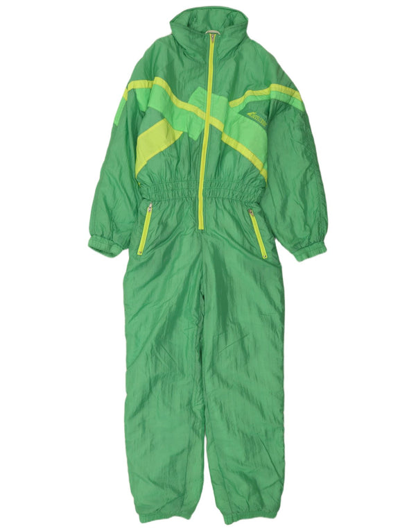 Macacão de esqui feminino vintage UK 14 grande bloco colorido verde